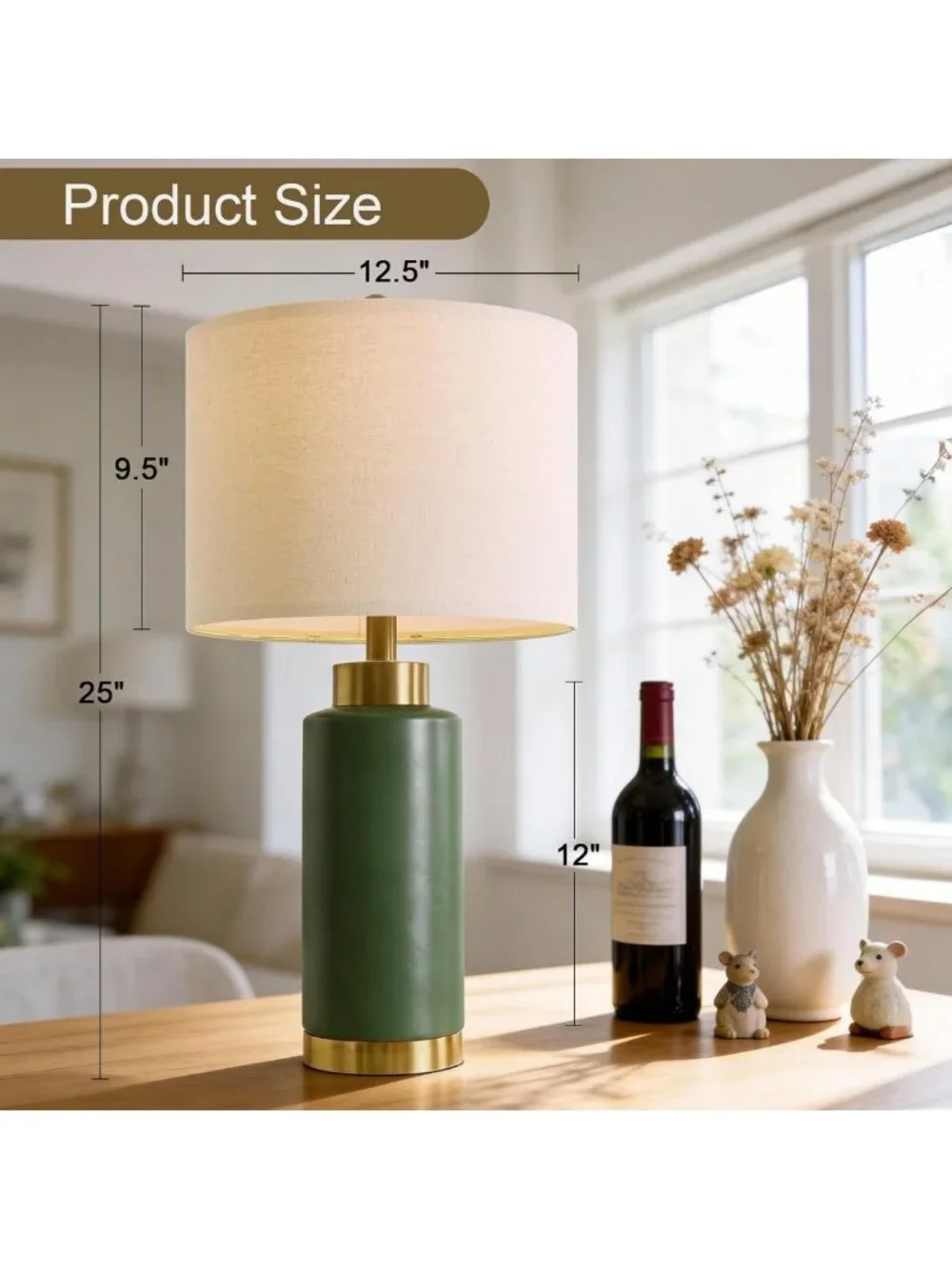 Set of 2 Modern Green Ceramic Table Lamps - Mid-Century Nightstand Lighting